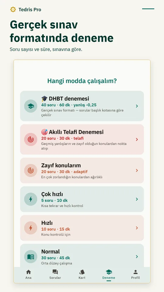 Gerçek sınav formatında deneme: sınav ve deneme türü seçimi