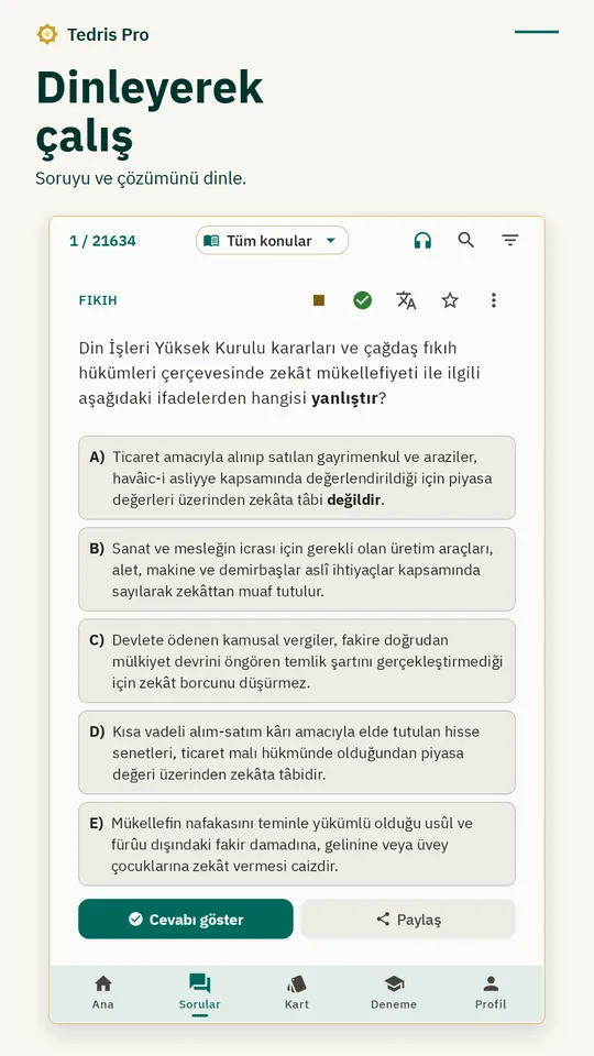 Sesli anlatım: soruyu ve çözümünü dinleyerek çalışma