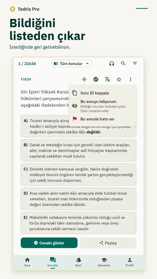 Bildiğin soruyu listeden çıkarma menüsü